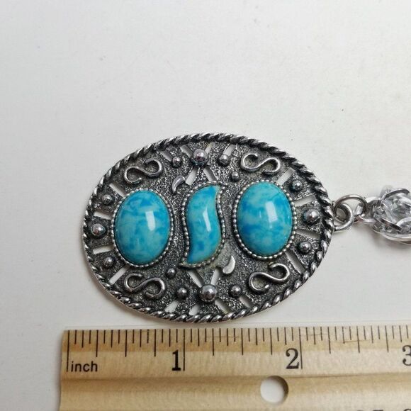 Vintage Silver Tone and Blue Pendant Necklace, Long Chain, Statement, Retro 70s - Picture 5 of 7